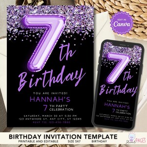 7th Birthday Invitations, Purple Glitter Invitation, 7th Party Invite, 7th Birthday Girl Invite, Birthday Party Invitation, Girl Invitation