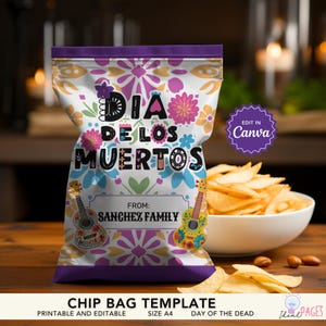 Tag der Toten Gastgeschenke, Dia de los Muertos, Chip Beutel Etikett, Gastgeschenke, Zuckerschädel Party Printable