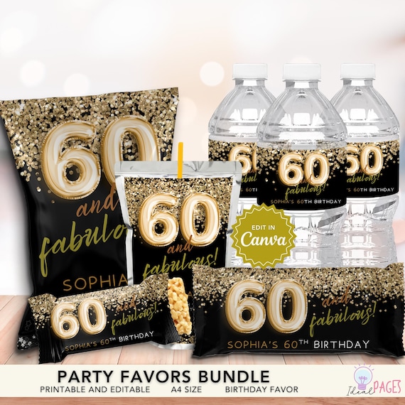 MORRIE 60th Birthday Celebration FLESH … Golden 60th Birthday Party Favors, Chip Bag, Water Bottle Label