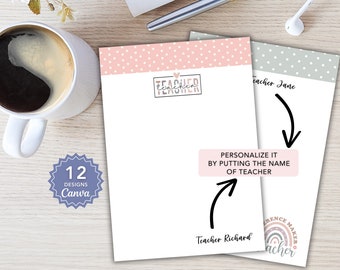 May include: A printable notepad template for teachers. The template features a pink and white polka dot design with the word "Teacher" in a pink box. The template is customizable with the teacher's name. The template is available in 12 designs and is printable on A4 paper.