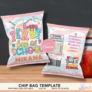 Retour à l'école à imprimer, cadeau d'anniversaire pour l'école, premier jour d'école à imprimer, cadeau pour enfants, sacs cadeaux pour enfants, sacs à chips, modèle de sac à chips