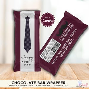 May include: Two maroon chocolate bar wrappers with white center panels. One features a white shirt collar, a dark tie with pink dots, and the text Happy Father's Day. The other shows a black mustache, a nutrition label, and text about a sweet treat.