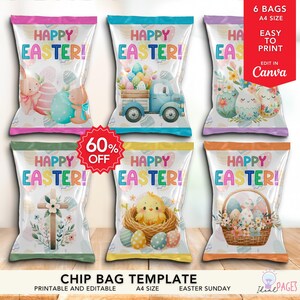 6 Sac de friandises de Pâques, étiquette de sac de chips lapin, emballage de sac à collation, modèle de sac de bonbons, cadeau de chasse aux œufs de Pâques, imprimable fête de printemps pour enfants