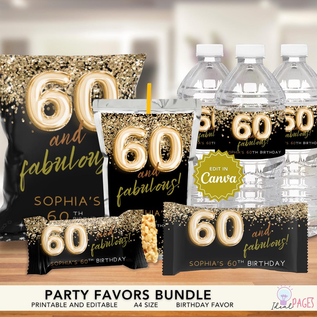 60 and Fabulous Golden 60th Birthday Party Favors, Chip Bag Label