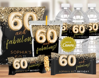 60 and Fabulous Golden 60th Birthday Party Favors, Chip Bag Label