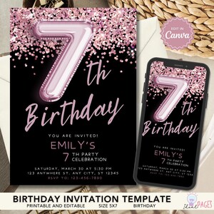 7th Birthday Invitations, Rose Gold Glitter Invitation, 7th Party Invite, 7th Birthday Girl Invite, Birthday Party Invitation, Girl Invite