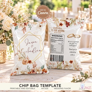 May include: Two white chip bags featuring a gold geometric frame, floral illustrations in rust and cream, and the text Jason & Andrea. The back includes Wedding Nutrition Facts, a barcode, and the text Welcome to our wedding 06.07.2024.