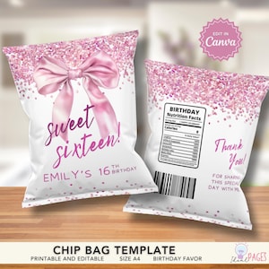 Könnte beinhalten: Druckbare Chipstüten-Vorlage mit rosafarbenem Glitzerhintergrund und einer rosafarbenen Schleife. Die Vorderseite der Tüte trägt den Text "Sweet Sixteen! Emily's 16th Birthday". Die Rückseite der Tüte enthält ein Nährwertkennzeichen und den Text "Danke! Für das Teilen dieses besonderen Tages mit mir."