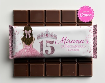 Rosa Tiara Quinceanera Schokoladentafel Wrapper, Sweet 15 Geburtstag Partybevorzugung, Candy Bar Wrap, Hershey Schokoladentafel Etikett, Schokoladengenuss