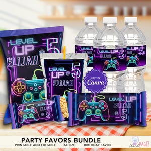 Gamer Party Favors, Video Game Kids Birthday Party Favors, Chip Bag, Rice Crispy Treat, Juice Pouch, Water Bottle Label, Chocolate Bar Wrap