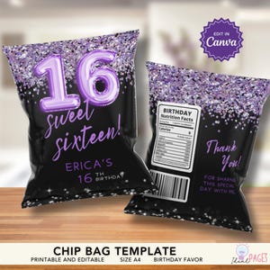 Sweet 16th Birthday Favors, Purple Party Favors, Chip Bag Template, Party Chip Bags, Birthday Party Favor Bags, Birthday Favors for Teens
