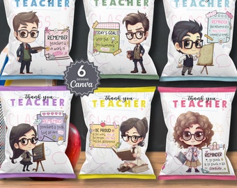 6 Teacher Appreciation Chip Bag Template, DIY Party Favor Printable, Custom Chip Bag, Teacher Favor Bags, Teacher Snack Bags, Snack Wrapper