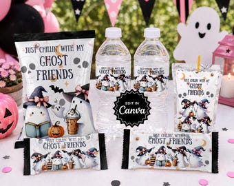 Halloween Party Favors, Cute Ghost Rice Crispy Treats Label, Chip Bag Template, Water Bottle Label, Juice Pouch Label, Chocolate Bar Wrapper