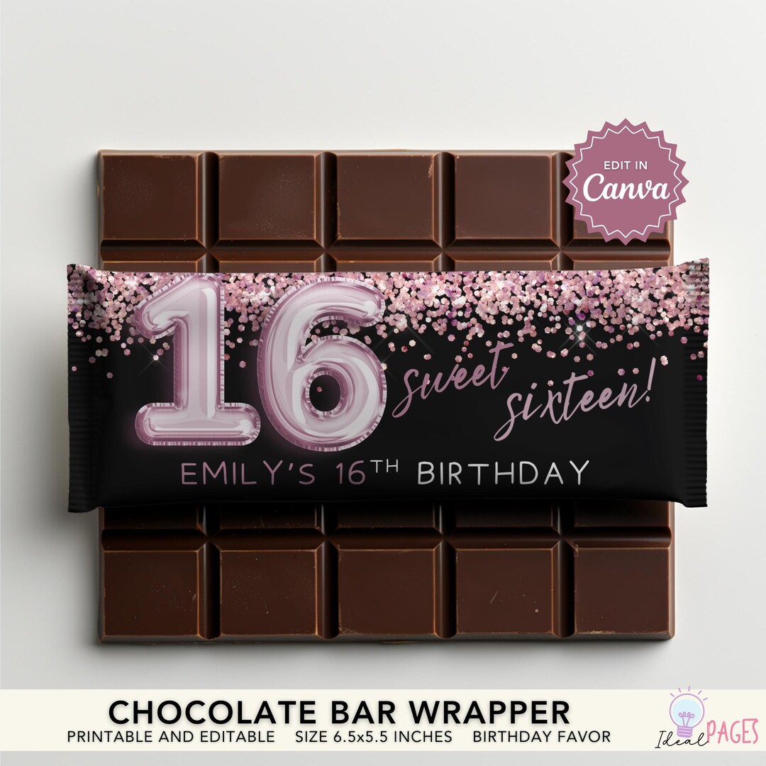 Rose Gold Sweet 16 Candy Bar Wrapper, Teens Birthday Favors, Hershey ...