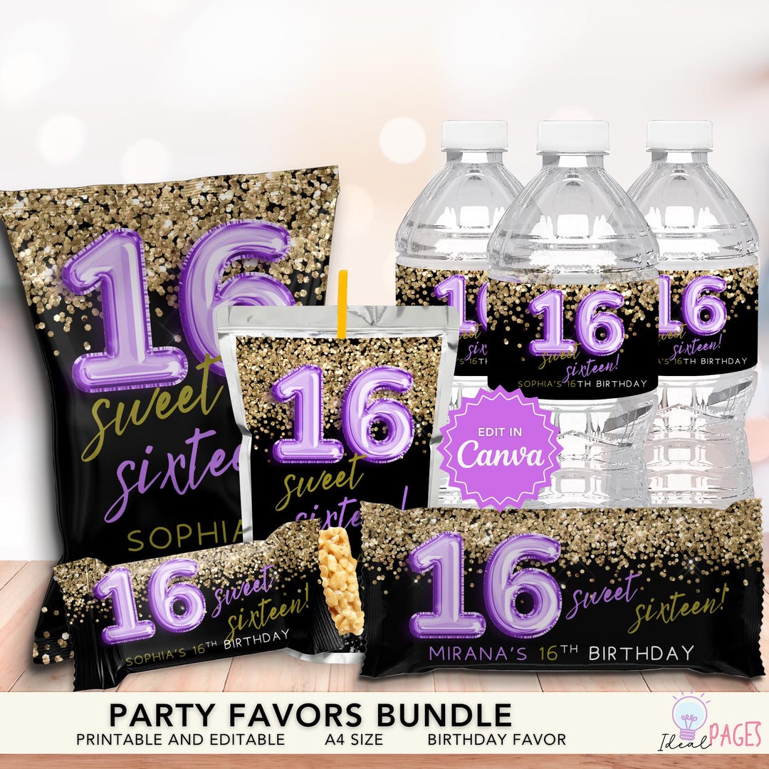 Sweet 16 Purple Gold Birthday Party Favor, Chip Bag, Juice Pouch Label ...