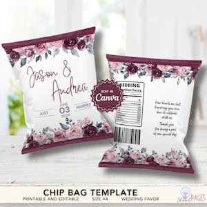 Burgundy Roses Wedding Chip Bag, Plum Wine Marriage Treat Bag, Wedding Favor Ideas for Guest, Snack Bag, Chip Bag Template, Chip Bag Label