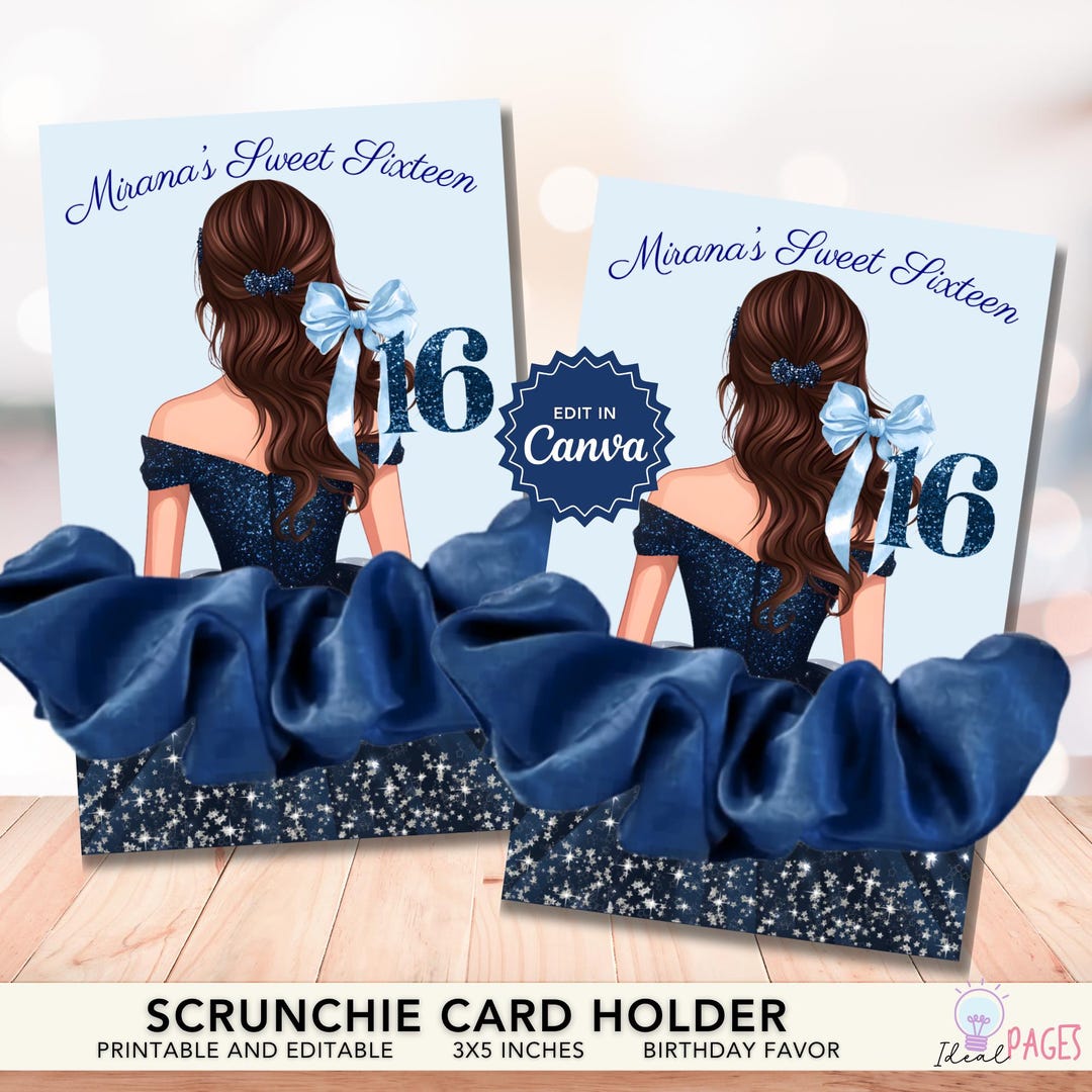 Silver Navy Blue Scrunchie Card Holder Sweet Sixteen Favor, Hair
