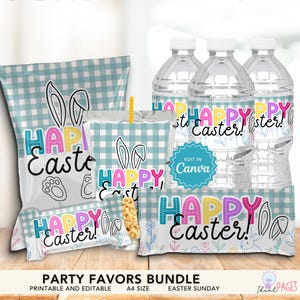 May include: An Easter party favors bundle with a blue and white checkered pattern. The set includes a chip bag, drink cup, candy bar, and water bottles, all decorated with "Happy Easter" text and bunny ears. The bundle is printable and editable.