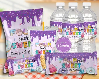 Purple Fourever Sweet Birthday Party Favors, Candyland Chip Bag, Rice Crispy Treat, Juice Pouch and  Water Bottle Label, Chocolate Bar Wrap