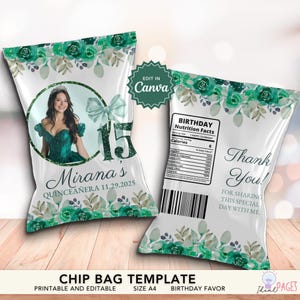 Peut inclure: Modèle de sachet de chips blanc avec un motif floral vert. Le devant présente une photo d'une femme en robe verte, le chiffre 15 et le texte "Mirana's Quinceañera 11.29.2025". Le dos dit "Merci !" et comprend une étiquette de valeurs nutritionnelles.
