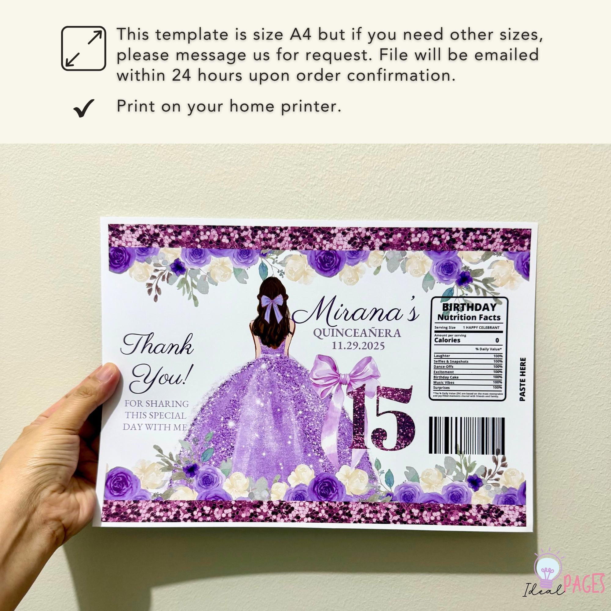 Purple Quinceanera Chip Bag Label, Sweet 15 Party Favor, Quince