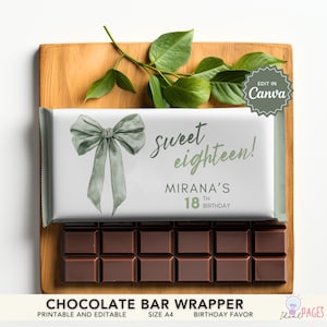 Sage Green Coquette Party Favors, 18th Birthday Favor, Teens Birthday Favors, Chocolate Bar Wrapper, Candy Bar Wrapper, Chocolate Bar Label