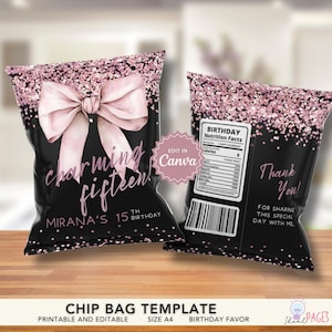 Sweet 15 Party Favor, Rose Gold Coquette Birthday, 15th Birthday Favor, Birthday Favor Guest, Chip Bag Birthday, Chip Bag Template, Chip Bag