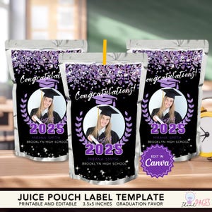 Graduation Party Favors, Juice Pouch Label, Juice Wrapper, Capri Sun Label, Purple Favor, Graduation Party Printables, School Party Favor