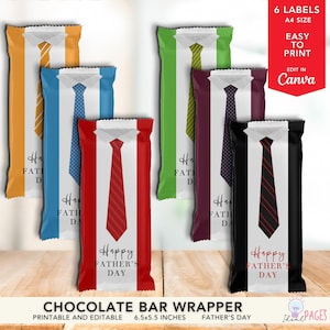 May include: Six rectangular chocolate bar wrappers featuring a white center panel with a shirt collar and tie graphic, surrounded by colored borders. Each wrapper displays the text Happy Father's Day. The set includes orange, blue, red, green, purple, and black designs.