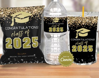 Afstudeerfeestbedankjes, printables afstudeerfeest, gouden afstudeerdecoratie, waterflesetiket, sjabloon voor zakje chips, label sapzakje