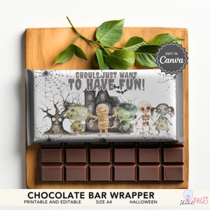 Halloween Party Favors, Ghouls and Zombie Favor for Kids, Trick or Treat Chocolate Bar Wrap, Chocolate Wrapper Template, Chocolate Bar Label