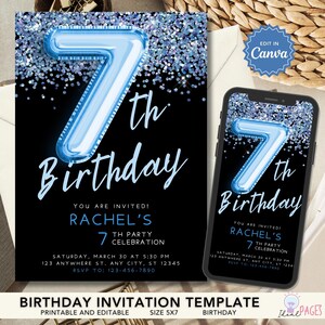 7th Birthday Invitations, Blue Glitter Invitation, 7th Party Invite, 7th Birthday Girl Invite, Birthday Party Invitation, Girl Invitation