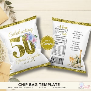 結婚記念日の記念品、結婚記念日のパーティーの記念品、記念日の記念品、50周年の金婚式、チップバッグ、チップバッグのラベル