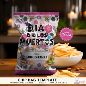 Tag der Toten Gastgeschenke, Dia de los Muertos, Chip Beutel Etikett, Gastgeschenke, Zuckerschädel Party Printable