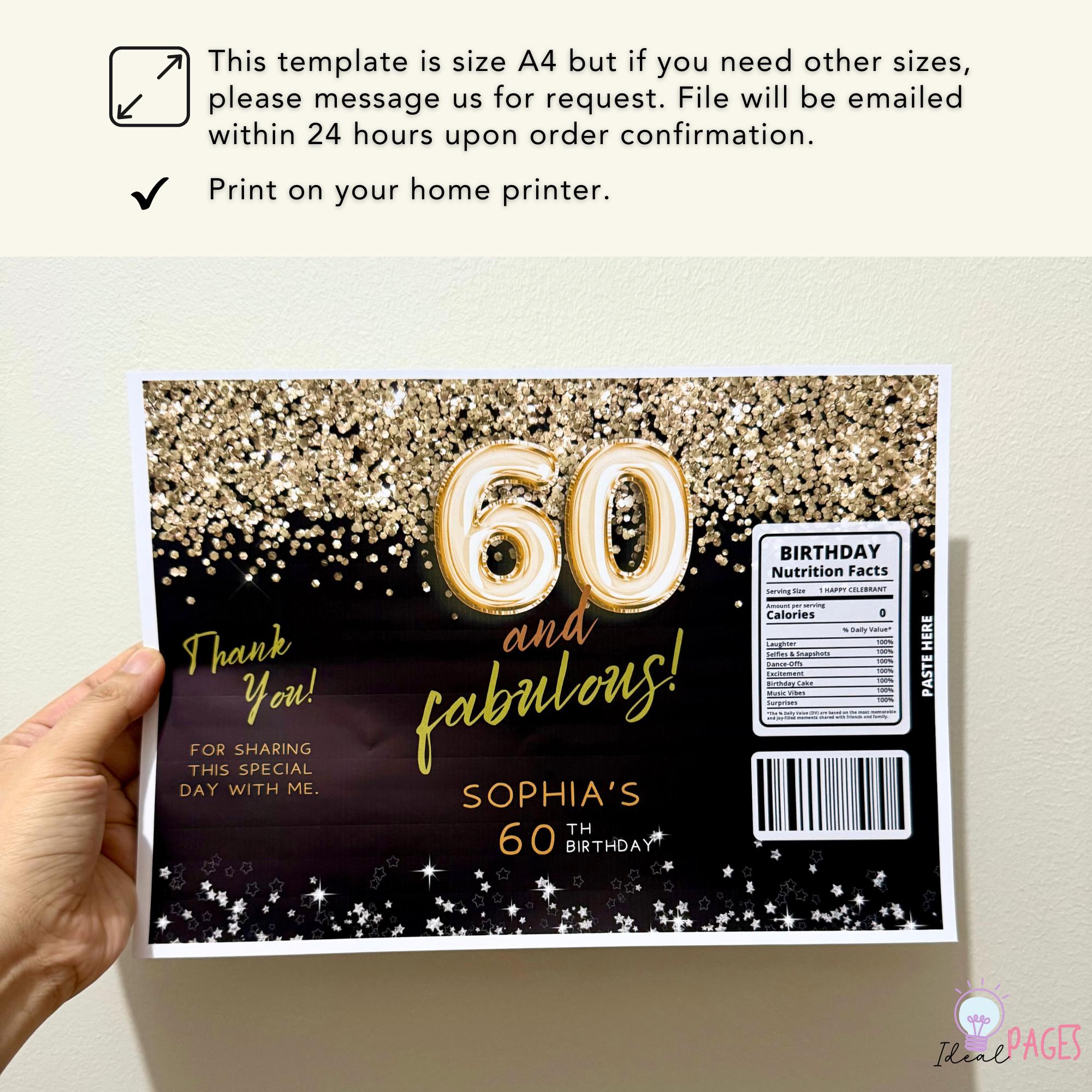 60 and Fabulous Golden 60th Birthday Party Favors, Chip Bag Label