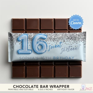 May include: A chocolate bar with a light blue wrapper. The wrapper has a silver confetti design and says "16 sweet sixteen!" in blue. The text "SOPHIA'S 16TH BIRTHDAY" is also on the wrapper. The bar measures 6.5 x 5.5 inches.