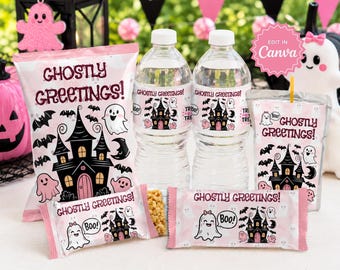 Halloween Party Favors, Cute Ghost Rice Crispy Treats Label, Chip Bag Template, Water Bottle Label, Juice Pouch Label, Chocolate Bar Wrapper