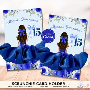 Royal Blue Scrunchie Card Holder Quinceanera Party Favor, Hair Tie Display Card Template, Pony Tail Holder, Sweet 15 Birthday Printable
