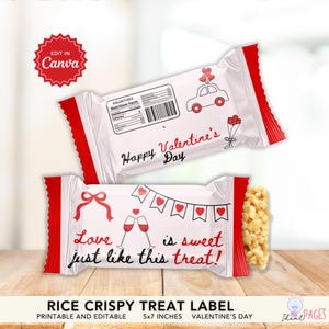 May include: Two white and red Valentine's Day rice crispy treat labels. One label has a car with heart balloons, the other has champagne glasses and the text "Love is sweet just like this treat!"