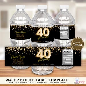 Gold Water Bottle Label, Gold Party Favors, 40th Birthday Favor, Water Bottle Sticker, Adult Birthday Party Favors, Birthday Favor for Guest
