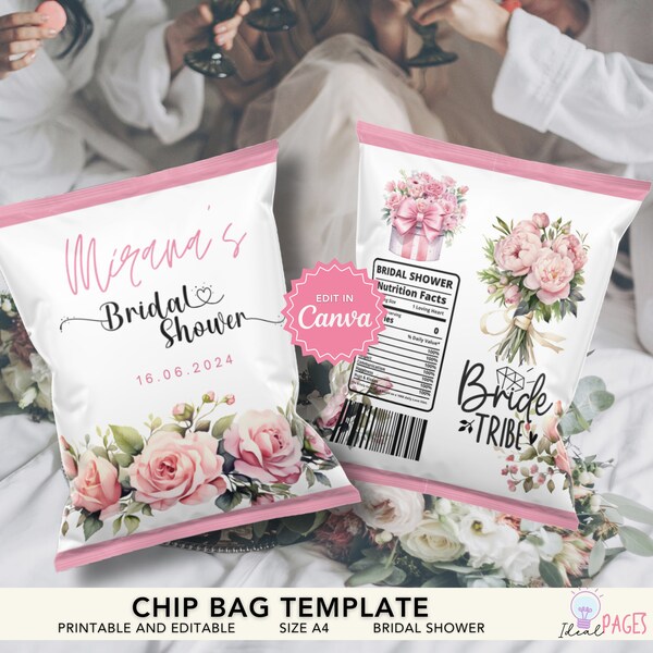 Bridal Shower Chip Bag Template, Customizable Favor Bags, Wedding Snack Bags, Party Chip Bags, Wedding Favor Idea, Custom Chip Bags, Roses