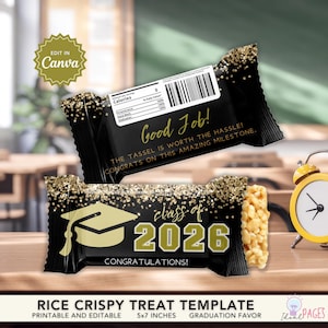 May include: Black and gold graduation-themed rice crispy treat wrappers. The wrappers feature a graduation cap graphic, the text "class of 2026," and the message "Good Job!" with a congratulatory note. The template is 5x7 inches.