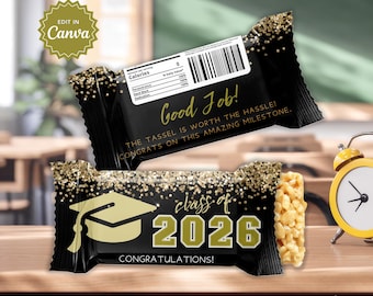 Envoltorio de Rice Crispy con purpurina dorada para graduación, envoltorio para barra de caramelo, etiqueta para Rice Crispy, recuerdos imprimibles para fiesta de graduación
