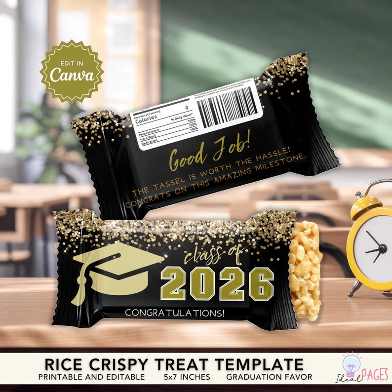 Crunchy Wrapper Gold Glitter Graduation Rice Crispy Treat Wrapper, Candy Bar Wrapper ...
