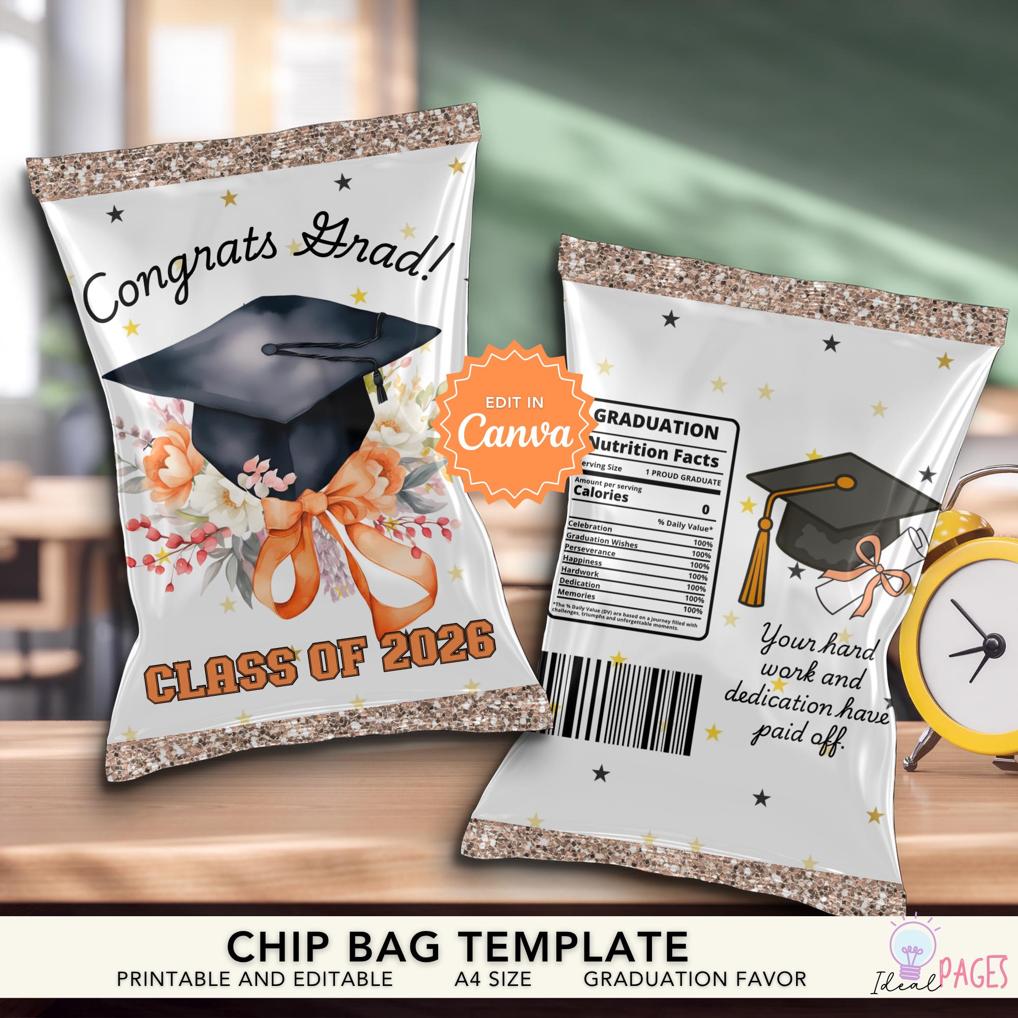 Orange Coquette Graduation Chip Bag Template, DIY Party Favor