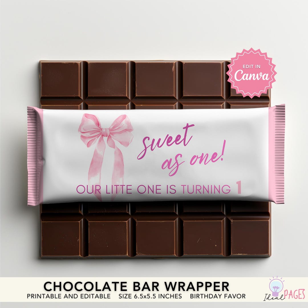 Pink Bow Coquette Sweet One Birthday Chocolate Bar Wrapper, Candy Bar ...