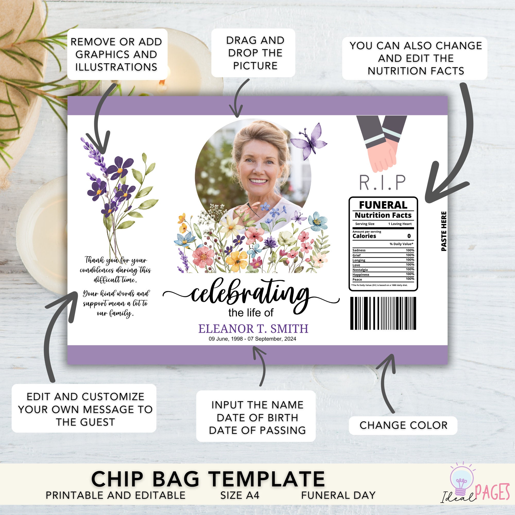 Celebration of Life Chip Bag Template, Custom Chip Bag, Elegant Funeral ...