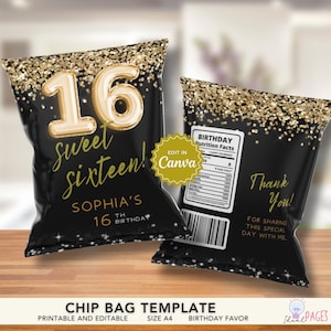 Sweet 16th Birthday Party Favors, Gold Party Favors, Chip Bag Template, Party Chip Bags, Birthday Party Favor Bag, Birthday Favors for Teens