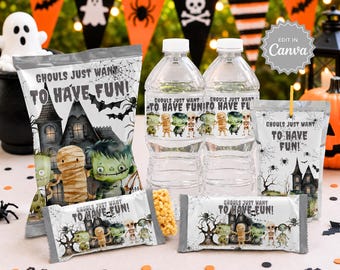 Ghouls Zombie Halloween Party Favors, Rice Crispy Treats, Chip Bag Party Favor, Water Bottle Label, Juice Pouch Label, Chocolate Bar Wrapper