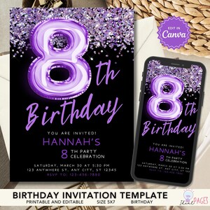 8th Birthday Invitations, Purple Glitter Invitation, 8th Party Invite, 8th Birthday Girl Invite, Birthday Party Invitation, Girl Invitation